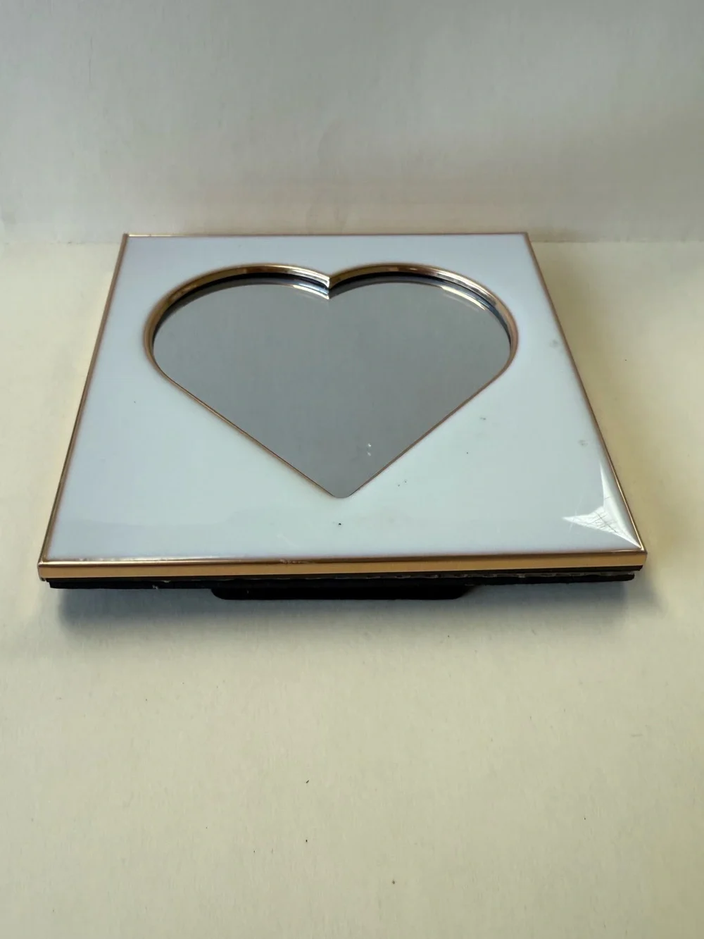 White Enamel and Rose Gold Decorative Heart Shaped Desk Mirror with Frame Stand